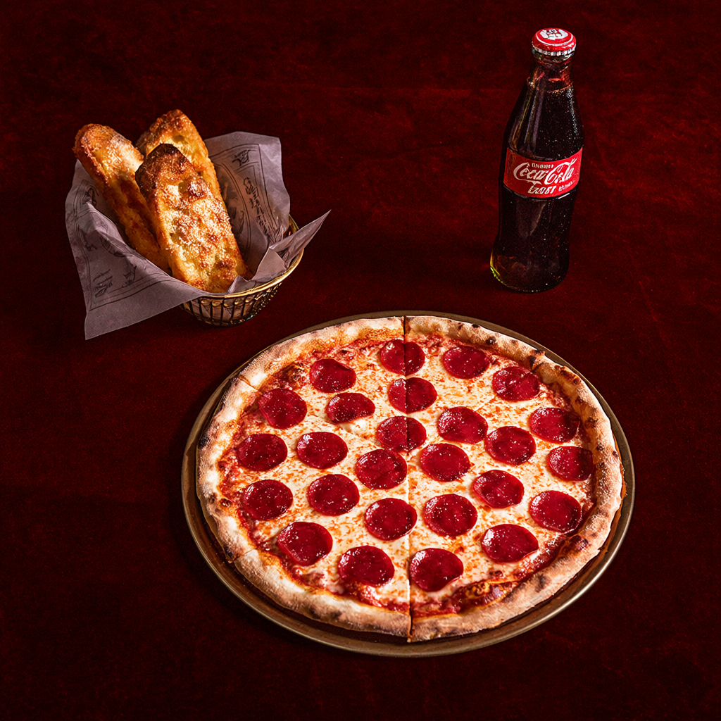 Round pepperoni pizza, basket of breadsticks and a glass cola bottle