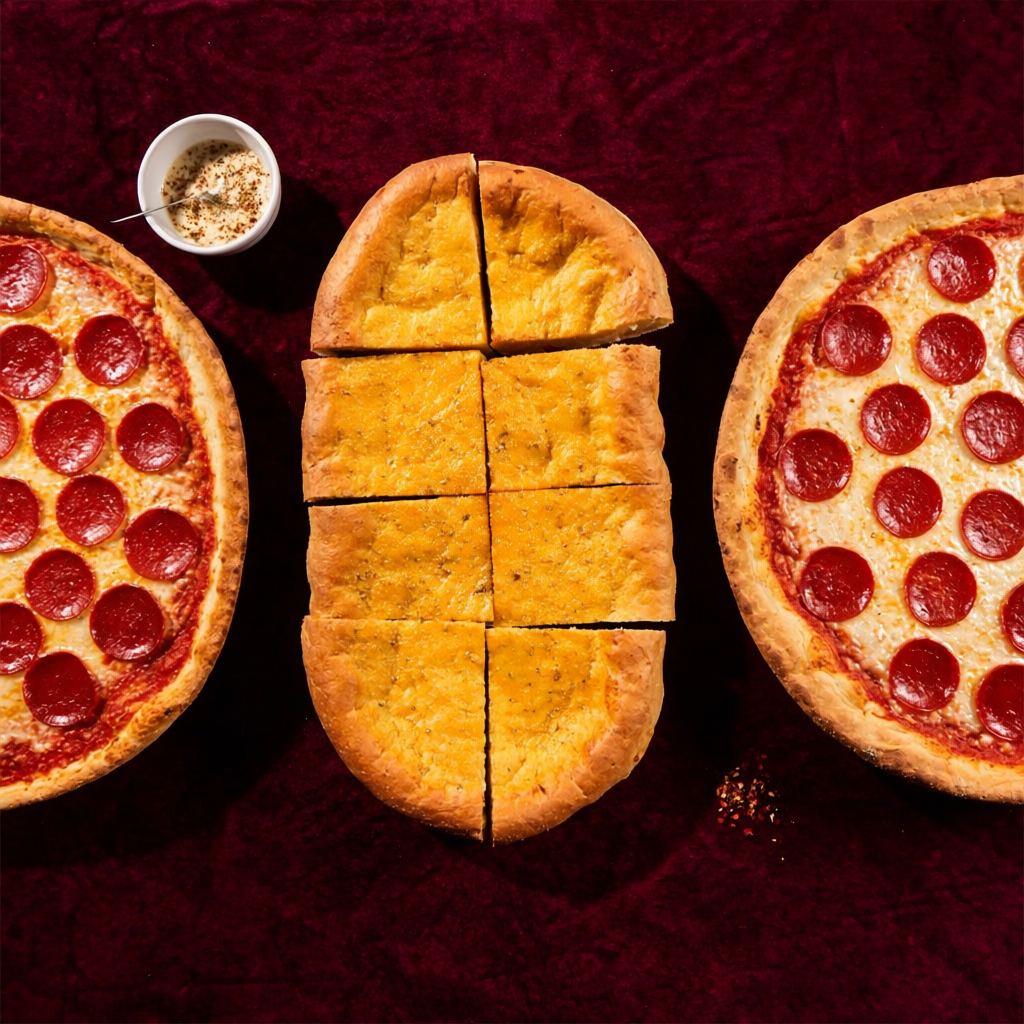Two pepperoni pizzas with golden cheese bread squares between them
