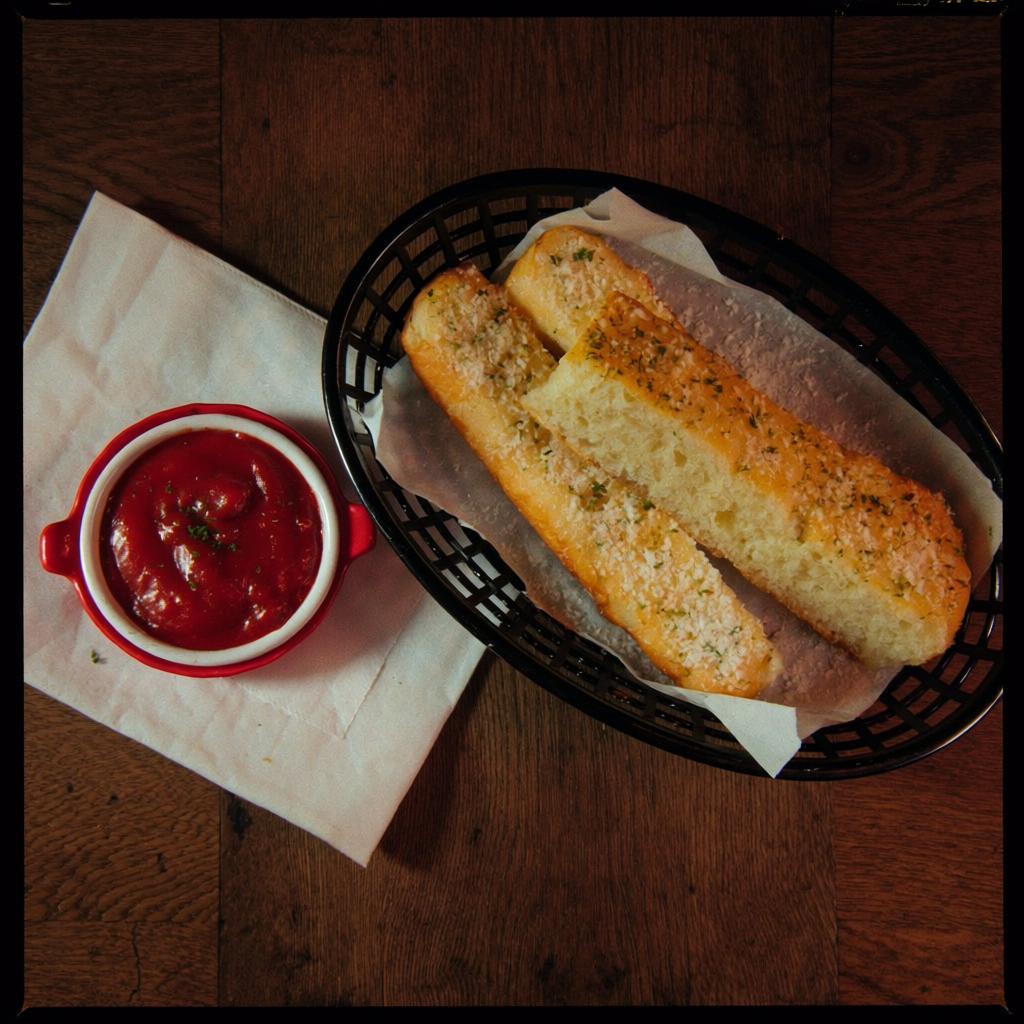 Golden buttery garlic breadsticks in a basket with a marinara dipping sauce